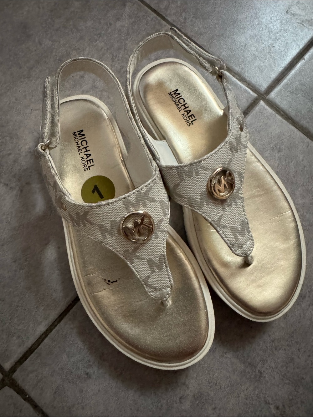 MICHAEL Michael Kors Metallic Gold and Ivory Logo Thong Sandals